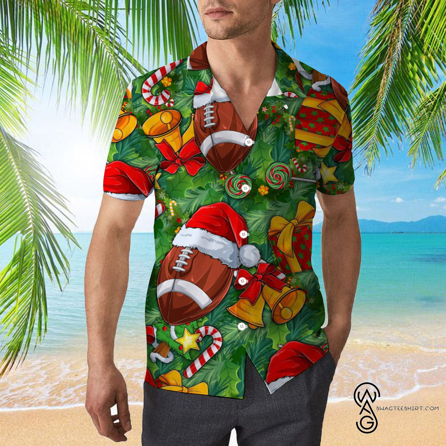 [Top Trending] Football Ball With Santa Hat Christmas Pattern Hawaiian Aloha Shirt